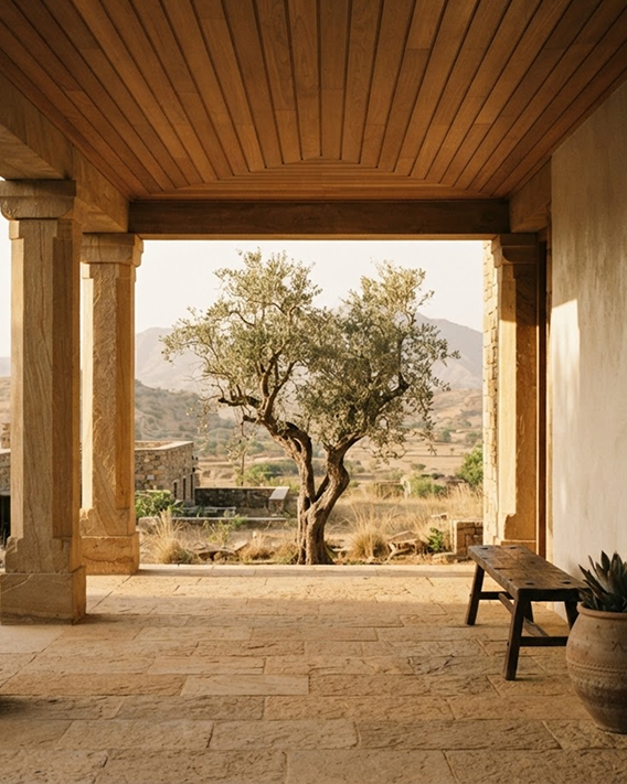 Covered terrace opening onto a tree and hills